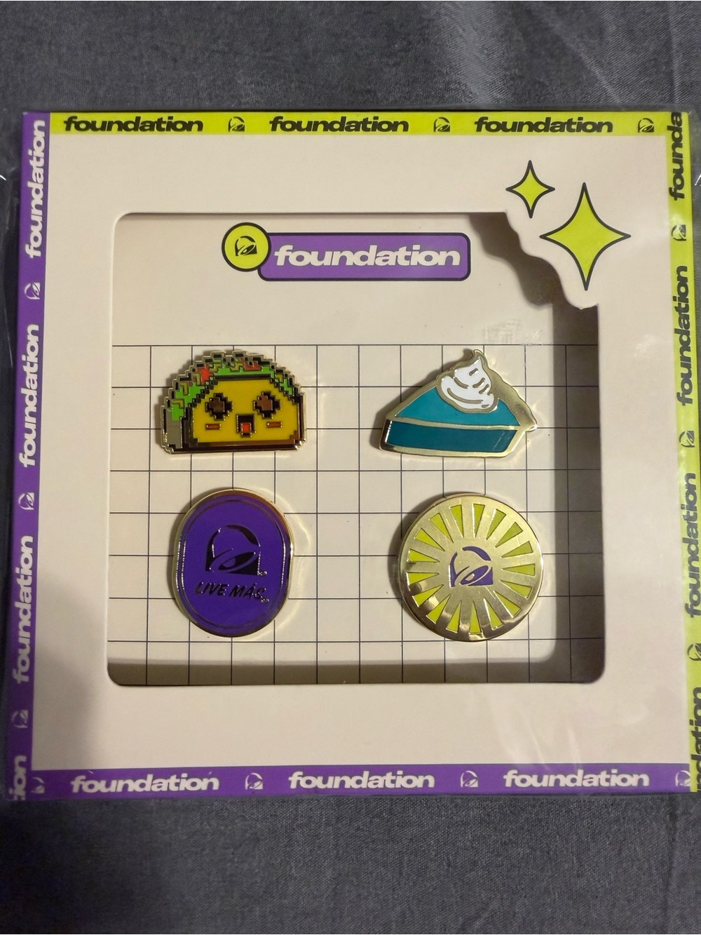 Foundation x Taco Bell Enamel Pin Set - Purple, Yellow, Teal, Green